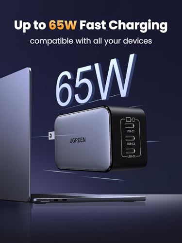 UGREEN Nexode 65W GaN USB C Wall Charger, 3-Port Type-C Fast Power Adapter Compatible with iPhone 17/16/15 Series, Galaxy S25/S24, Pixel 10/9, MacBook Pro/Air, iPad Pro/Air, Steam Deck