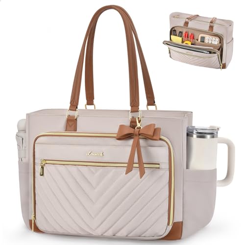 LOVEVOOK Laptop Teacher Tote Bag for Women, Work Nurse Bag with Large Cup Holder, Quilted Diaper Bag for Travel, Computer Women's handbags for Teacher gift, Apricot-brown, 15.6 Inch - color: Apricot-brown, size: 15.6 Inch
