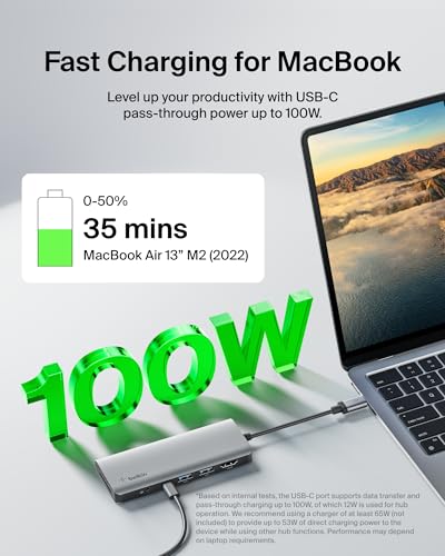 Belkin USB-C Hub, 7-in-1 MultiPort Docking Station for MacBook & Windows - 85W USB-C Power Delivery 3.0, 4K HDMI 1.4, 2x USB-A 3.0, SD 3.0, Micro SD 3.0, & 3.5mm Audio Jack - style: 7-in-1 USB-C Hub