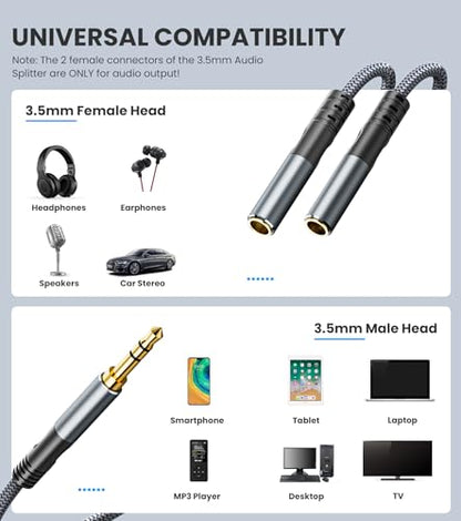 Headphone Splitter 1.6ft(0.5m), Audio Splitter 3.5mm 1 Male to 2 Female Adapter, Nylon-Braided 3.5mm Dual Headphone Jack Extension Cable for Headset, Smartphone, Tablet, Laptop - size: 0.5 meter