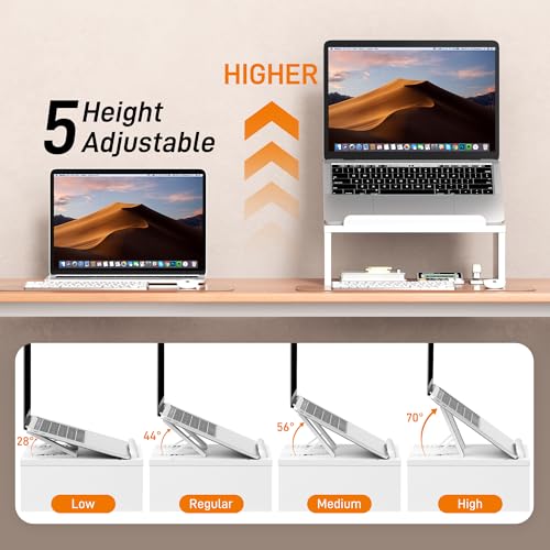 AFOOYO Adjustable Wood Laptop Stand with Storage Space - Notebook Organizer & Ergonomic Computer Riser, Wrist Rest Included, Compatible with 9.8-15'' Laptops (MacBook Air Pro/HP/Dell/Lenovo),White - color: White