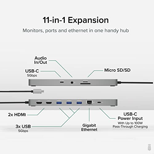 Plugable 11-in-1 USB-C Hub, 100W USB-C Pass-Through, Laptop Docking Station Dual Monitor, 4K 60Hz HDMI, Driverless, Compatible with Thunderbolt, Windows, Chromebooks, Not Recommended for Mac