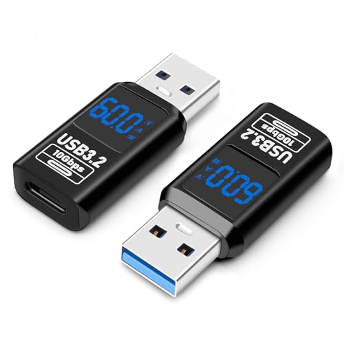 USB 3.2 Digital Display USB A Male to USB-C Female OTG Adapter 10Gbps (2 Pack), Real-time Power Monitoring, Up to 60W Fast Charging Compatible with Laptop, Power Bank and More USB-A Devices - style: AY-Am-Cf-dd-bk