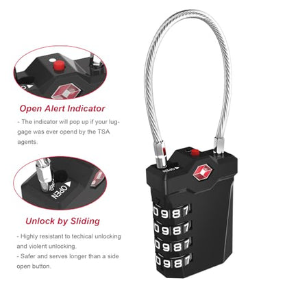 ZHEGE Travel Locks, TSA Approved Locks for Luggage (4 Pack, Black) | 4 Digit Cable Lock with Inspection Indicator for Suitcase, Backpack, Baggage, Easy to Read - color: 4p Black