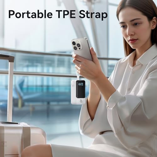 Fast Charging Power Bank 18400mAh 65W Portable Laptop Charger, LCD Display, Travel Essential Battery Pack with Built-in USB-C & Lightning Cables for iPhone 16/15/14/13/12 MacBook Samsung - color: White