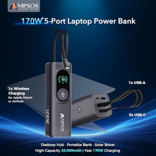 AMPSOS 170W Power Bank 25000mAh, 100W USB-C PD Laptop Charger, 90Wh TSA Approved Battery Pack