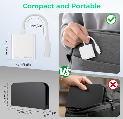 Portable Switch 2 Dock, 4K@120Hz USB C to HDMI Display Adapter with 100W PD Fast Charging, Travel TV Dongle Hub for iPhone 17/16/15, iPad, MacBook, Steam Deck, Switch 2 and USB-C Devices