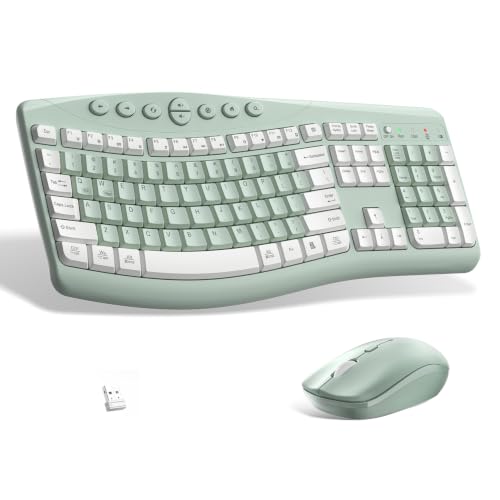 Wireless Keyboard and Mouse Combo Silent Ergonomic Curved Design for Office - color: Avocado green-A