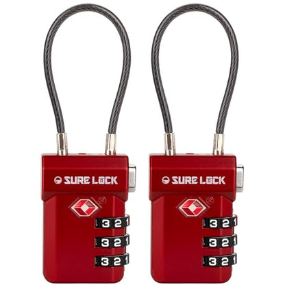 SURE LOCK TSA Approved Luggage Locks with Open Alert Indicator, 3 Digit Combination Cable Travel Lock for Suitcase, Backpack, Gym Locker, Toolbox, Carry On & Travel Bag - color: RED 2 PACK