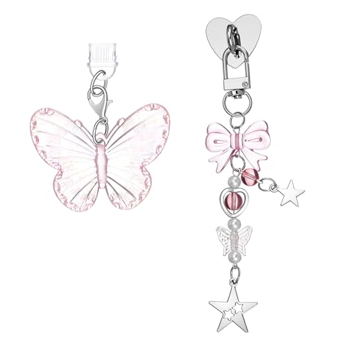 3PCS Pink Butterfly Charm Set with Dust Plug Type C/USB C Heart Grip Holder, Cute Aesthetic Y2k Hook for E-Reader Charm Chain Accessories Compatible Phone Case