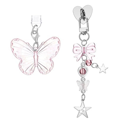 3PCS Pink Butterfly Charm Set with Dust Plug Type C/USB C Heart Grip Holder, Cute Aesthetic Y2k Hook for E-Reader Charm Chain Accessories Compatible Phone Case