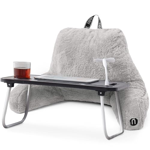 Nestl Fur Reading Pillow with Laptop Lap Desk, Stylish Back Pillow for Sitting Up, Lap Desk with Reading Pillows for Sitting in Bed Adult & Kids, Faux Fur Chair Pillow with Arms - Light Grey - color: Light Grey, size: Reading Pillow + Lap Desk