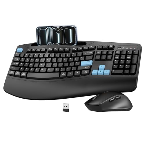 Wireless Keyboard and Mouse Combo, 2.4G Full Size Wave Keys Ergonomic Keyboard with Wrist Rest, Phone Holder, 3-Level DPI Wireless Silent Mouse with 6-Buttons, for Windows, Mac OS, Laptop (Blue Black) - color: Blue Black