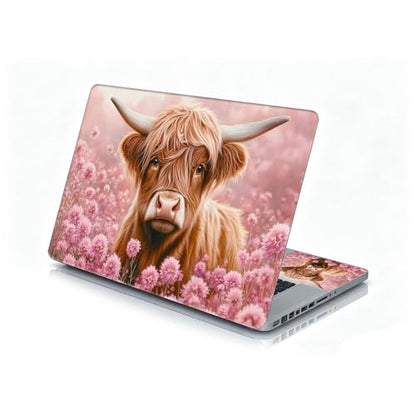 Universal Laptop Skin Sticker Decal, 12"-15.6" Aesthetic Vinyl Wrap, Highland Cow Pink Flowers Waterproof Notebook Cover Art Protector for MacBook HP Dell Lenovo, Fits 13" 14" 15" 15.6" - color: Highland Cow Pink Flowers