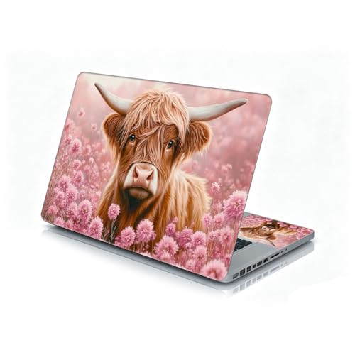 Universal Laptop Skin Sticker Decal, 12"-15.6" Aesthetic Vinyl Wrap, Highland Cow Pink Flowers Waterproof Notebook Cover Art Protector for MacBook HP Dell Lenovo, Fits 13" 14" 15" 15.6" - color: Highland Cow Pink Flowers