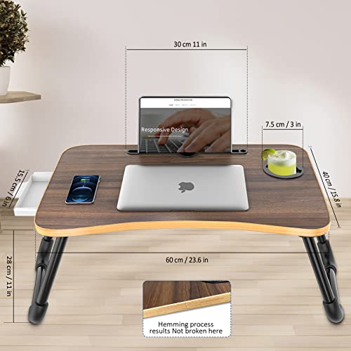 Zapuno Foldable Laptop Bed Table Multi-Function Lap Bed Tray Table with Storage Drawer and Water Bottle Holder, Serving Tray Dining Table with Slot for Eating, Working on Bed/Couch/Sofa - color: Beige1