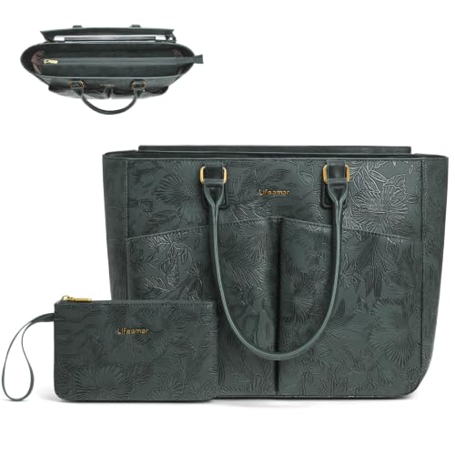 Laptop Tote Bag for Women, Leather Work Tote with Padded Laptop Compartment, Cup Holder, Office Computer Briefcase - color: Embossed Dark Olive, size: 15.6inch