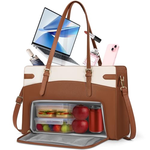 RAINSMORE 2-in-1 Laptop Bag for Women with Insulated Lunch Compartment 15.6 Inch PU Leather Work Tote for Teachers Nurses, Professional Water-Resistant Business Briefcase for Office & Travel - color: Brown