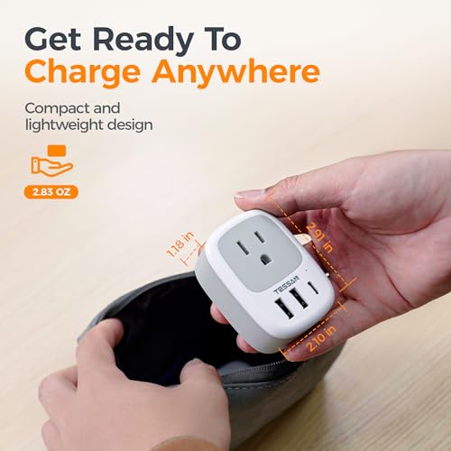 TESSAN Wall Charger Block 3 USB Charging Ports 1 USB C 1 AC Outlet Splitter | 1875W Wall Outlet Extender, Multi Plug Adapter for Cruise, Home, Office, Dorm Room Essentials, Grey