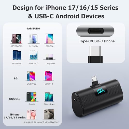 Mini Portable Charger for iPhone 17/16,Upgraded 5500mAh PD USB C Power Bank,Travel Essentials Pocket Phone Charger Battery Pack for iPhone 17/17 Pro Max/16/16 Pro/15 Series,Samsung Galaxy Android etc - color: Black