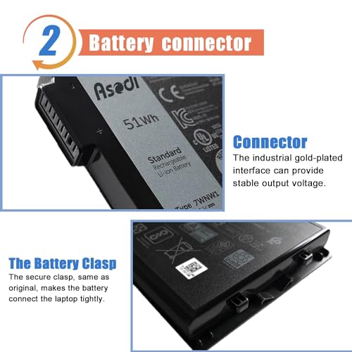 ASODI 7WNW1 51Wh 6-cell Laptop Battery Compatible with Dell Latitude 5424 5420 Rugged 7424 Extreme P137G P85G P86G P137G001 P137G002 P85G001 P86G001 Series DMF8C GK3D3 6NNCF DP3KF DMF0C 451-BCHV 11.4V | 6 Cell 51Wh 11.4V; Compatible with Dell Rugged Extre