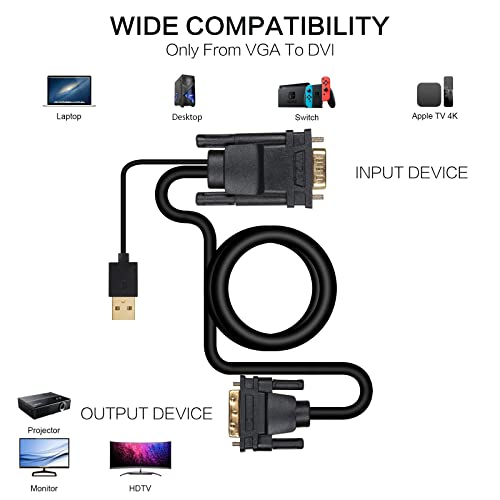 VCOM Male VGA to DVI Cable with Power, 6FT VGA to DVI-I Cable with USB,Gold Plated with Chip, Active Adapter Converter Cable for PC Laptop DVD Monitor HDTV Projector
