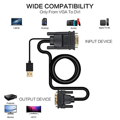 VCOM Male VGA to DVI Cable with Power, 6FT VGA to DVI-I Cable with USB,Gold Plated with Chip, Active Adapter Converter Cable for PC Laptop DVD Monitor HDTV Projector