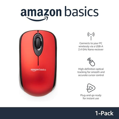 Amazon Basics 2.4 GHz Optical Wireless Mouse for Laptop and Computer, USB Nano Receiver, Red - color: Red, style: 1-Pack