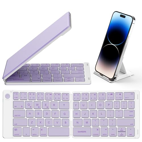 Samsers Bluetooth Foldable Keyboard, Wireless Portable Folding Keyboard, Full-Size Ultra-Slim Rechargeable Connect Up to 3 Devices for iOS Android Windows Phone Tablet and Laptop, Purple - color: Purple, size: BT x 3