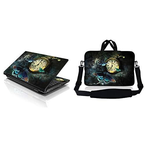 LSS 15 15.6 inches Laptop Sleeve Bag with Matching Laptop Skin Sticker Combo | Carrying Case w/Handle & Adjustable Shoulder Strap for 14" 15" 15.6" - Clock Butterfly Floral - color: Clock Butterfly Floral, size: 15 inch