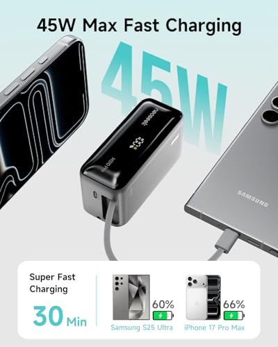 Ultra Mini 10000mAh 45W Portable Charger, Flight-Safe Compact Power Bank, Small & Lightweight Travel Battery Pack with 2.3 ft USB-C Retractable Cable for iPhone 17/16, iPad, Galaxy, Pixel