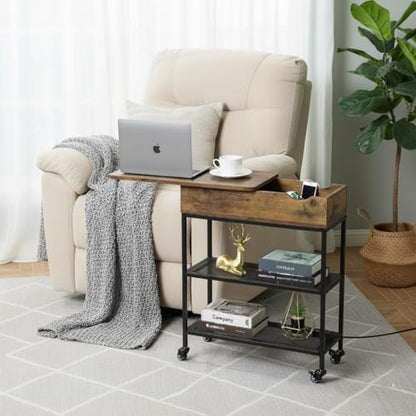 Hadulcet Narrow End Table with Charging Station & Rotating Top, Couch Snack Tables, Swivel Table for Recliner Living Room & Bedroom, Rolling Slim Side Table on Wheels, Skinny Nightstand, Rustic Brown - color: Rustic Brown
