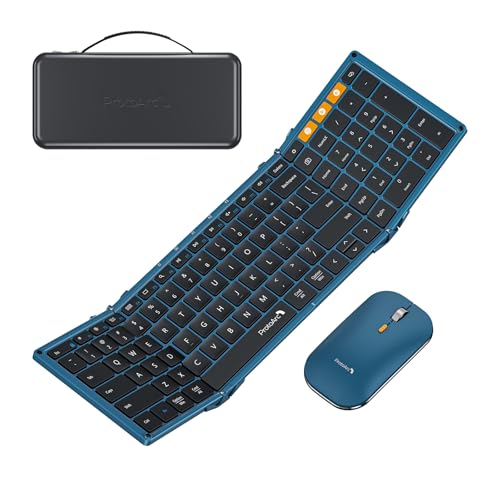 ProtoArc XKM01 Full-Size Foldable Keyboard Mouse Combo for Travel - Blue | 105-key keyboard, slim mouse, hard case and phone stand; 3-device Bluetooth & 2.4G switching, for travel office use - color: Blue