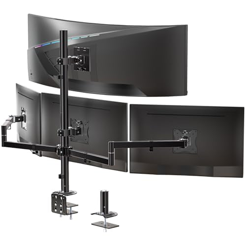 WALI Quad Monitor Mount for up to 49 inch Ultrawides on Top Bracket and 27 inch Screens on Lower Brackets, Extra Tall 4 Monitor Stand, Heavy Duty Monitors Arm up to 44 lbs (M004S-P), Black - size: 13"-49", style: Quad