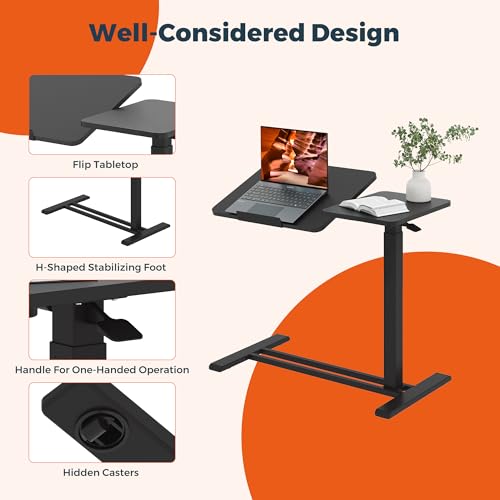 32''Large Pneumatic Overbed Tilting Bedside Table,Desk with Wheels | 31.6" x 15.7" Black Double Flip Tabletop,Hospital Medical Bedside Table,Overbed Table with Wheels,Small Standing Desk - color: Black, size: Large