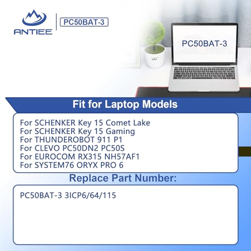 PC50BAT-3 Laptop Battery for Schenker Key 15 Comet Lake Key 15 Gaming for CLEVO PC50DN2 PC50S for SYSTEM76 Oryx PRO 6 for THUNDEROBOT 911 P1 for EUROCOM RX315 NH57AF1 Series 11.4V 73Wh 6400mAh 3-Cell