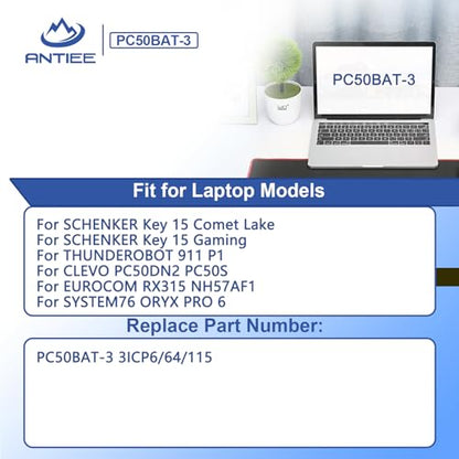 PC50BAT-3 Laptop Battery for Schenker Key 15 Comet Lake Key 15 Gaming for CLEVO PC50DN2 PC50S for SYSTEM76 Oryx PRO 6 for THUNDEROBOT 911 P1 for EUROCOM RX315 NH57AF1 Series 11.4V 73Wh 6400mAh 3-Cell