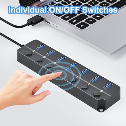 USB Hub 7 Port, USB Splitter with Individual On/Off Switches and Lights | USB 3.0 Hub with 3.3ft Cable, Extender for A Port Laptop, PC, Desktop-Gray - color: Gray