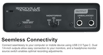 Rockville R-TRACK SOLO Recording USB C Audio Interface, 24Bit/192KHz | ASIO Drivers, 48V Phantom Power, Hi-Z Input, XLR, 2-In/2-Out, Steel Housing, Direct Monitoring, Mic Preamp, USB Cable