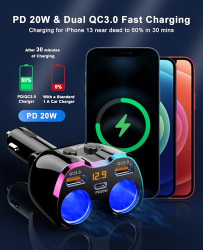 Cigarette Lighter Splitter, 180W 2-Socket Cigarette Lighter Adapter | SUPERONE 2026 Upgraded, Dual QC3.0 and 20W PD USB C Car Charger Splitter, for GPS/Dash Cam/Laptop/iPad/iPhone 17/16/15/14/13 - color: Pinkish Blue