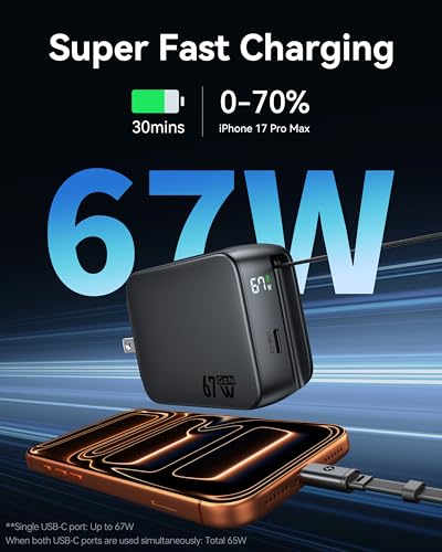 Retractable USB C Charger, 67W 2-Port Fast Charger with Retractable Cables and Foldable Plug and, PD/PPS Wall Adapter for iPhone 17/16/15 Series/MacBook Air/Airpods 4/Galaxy S26/S25 - color: Gray