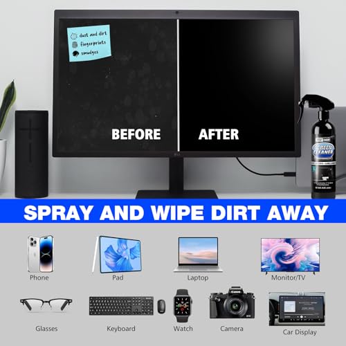 Screen Cleaner Spray and Wipe, 10oz TV Screen Cleaner Spray and Microfiber Cloth kit for Phones, iPads, Computer, MacBooks, Laptops, Monitor and Electronic Devices