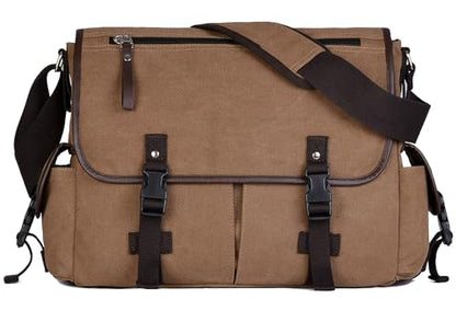 15.6 Inch Laptop Messenger Bag for Men Women, Canvas Computer Shoulder Bag, Work Briefcase for Business College Travel | Anti-theft Design - color: Coffee