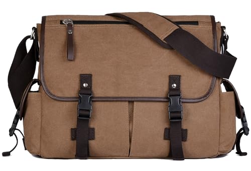 15.6 Inch Laptop Messenger Bag for Men Women, Canvas Computer Shoulder Bag, Work Briefcase for Business College Travel | Anti-theft Design - color: Coffee