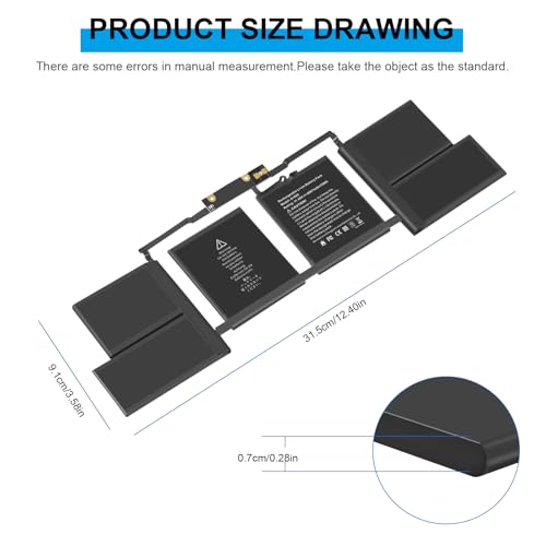 A1707 A1820 Laptop Battery for MacBook Pro 15 inch A1707 (Late 2016 Mid 2017) Touch Bar EMC 3162 3072 Series MLH32LL/A MLH42LL/A MLW72LL/A MLW72HN/A MLW82LL/A MPTR2LL/A MPTT2LL/A - 11.40V 76Wh - size: 12.4*3.58*0.28inch A1820