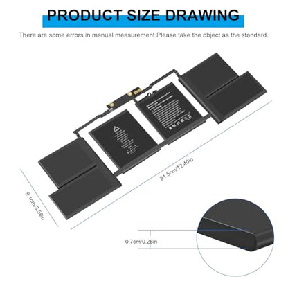A1707 A1820 Laptop Battery for MacBook Pro 15 inch A1707 (Late 2016 Mid 2017) Touch Bar EMC 3162 3072 Series MLH32LL/A MLH42LL/A MLW72LL/A MLW72HN/A MLW82LL/A MPTR2LL/A MPTT2LL/A - 11.40V 76Wh - size: 12.4*3.58*0.28inch A1820