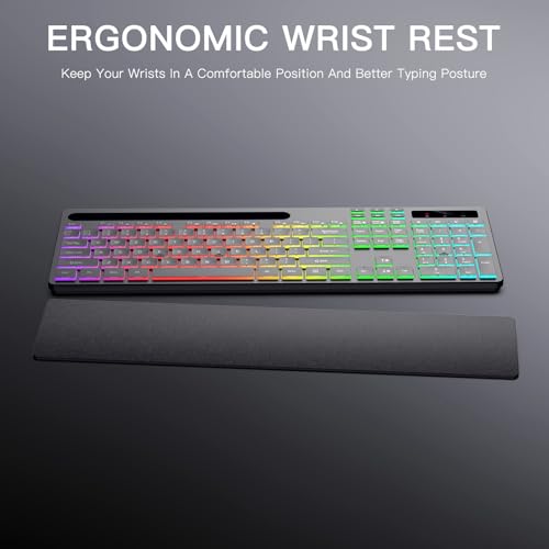 Soueto Wireless Keyboard with 7 Colors & 4 Modes RGB Backlit, Ergonomic Keyboard with Wrist Rest, Phone Tablet Holder, 2.4G Light Up Computer Keyboard with Numeric Keypad for Mac, Windows