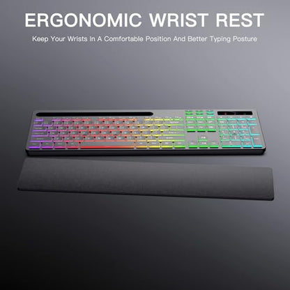 Soueto Wireless Keyboard with 7 Colors & 4 Modes RGB Backlit, Ergonomic Keyboard with Wrist Rest, Phone Tablet Holder, 2.4G Light Up Computer Keyboard with Numeric Keypad for Mac, Windows