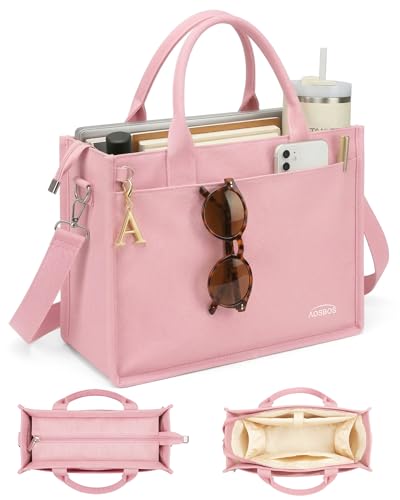 Canvas Tote Bag for Women With Zipper,14" Laptop Tote Bag for Work | Water Bottle Pocket,Padded Laptop Sleeve,Inner Key Leash,Premium Metal Hardware,Structured Canvas - color: Petal Pink
