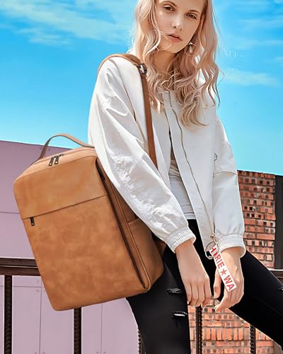 MASINTOR 15.6 inch PU Leather Laptop Backpack Purse for Women | College Laptop Backpack, Spacious Main Compartment, Luggage Strap & Padded Sleeve, Ideal for Campus, Commute & Travel - color: Retro Camel